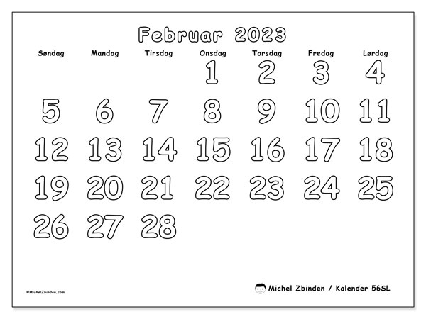 Kalender 56SL, februar 2023, til udskrivning, gratis. Gratis plan til udskrift