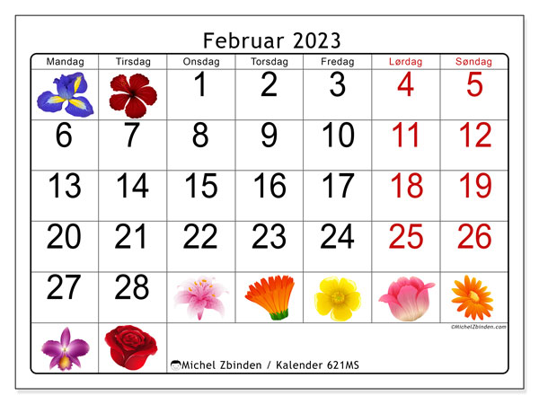Kalender 621MS, februar 2023, til udskrivning, gratis. Gratis tidsplan til udskrivning