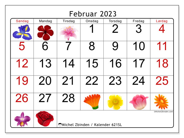 Kalender februar 2023 til udskrivning. Månedskalender “621SL” og gratis dagsorden til udskrivning