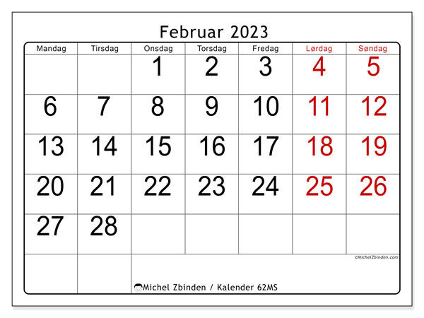 Kalender februar 2023 til udskrivning. Månedskalender “62MS” og gratis planlægger at udskrive