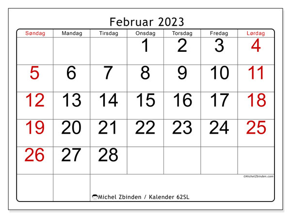 Kalender februar 2023 til udskrivning. Månedskalender “62SL” og gratis planlægning, der kan udskrives