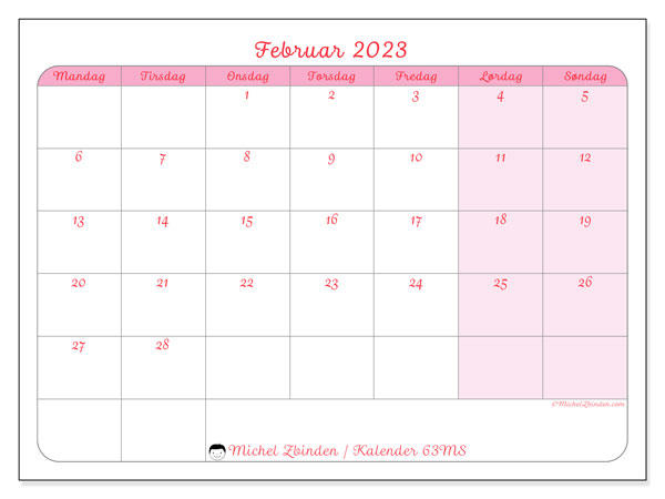 Kalender februar 2023 til udskrivning. Månedskalender “63MS” og gratis udskrivningsplan