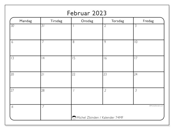 Kalender februar 2023 til udskrivning. Månedskalender “74MS” og gratis tidsplan til udskrivning