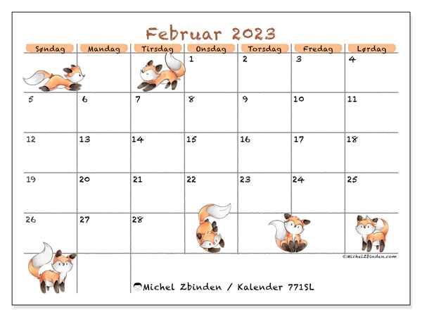 Kalender til udskrivning, februar 2023, 771SL