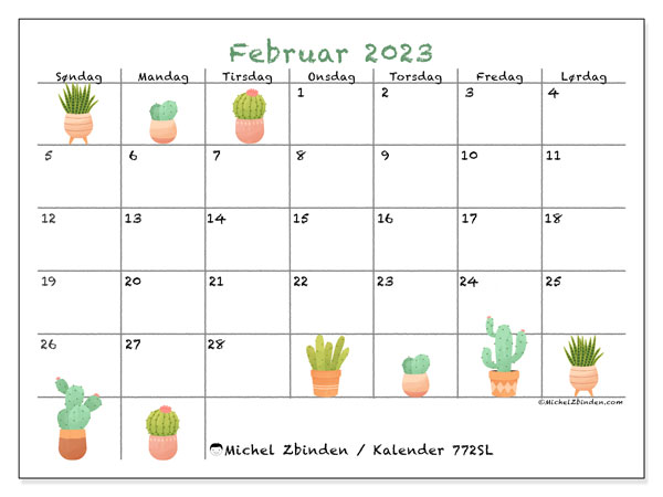 Kalender til udskrivning, februar 2023, 772SL