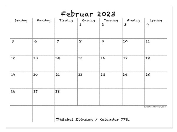 Kalender februar 2023 til udskrivning. Månedskalender “77SL” og gratis udskrivningsplan