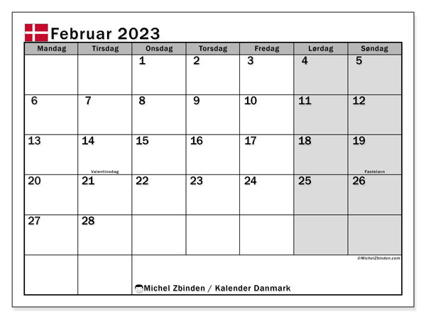 “Danmark” kalender til udskrivning med helligdage. Februar 2023 månedskalender og gratis udskrivningsplan.