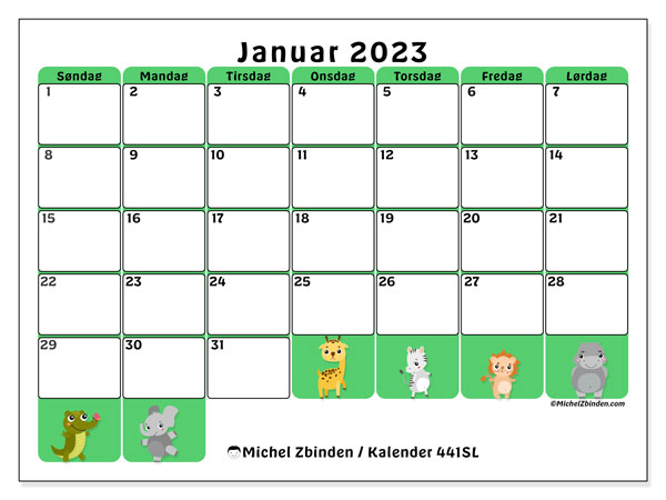 Kalender til udskrivning, januar 2023, 441SL