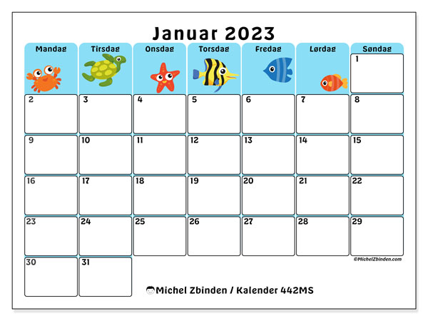 Kalender 442MS, januar 2023, til udskrivning, gratis. Gratis udskrivbar skema