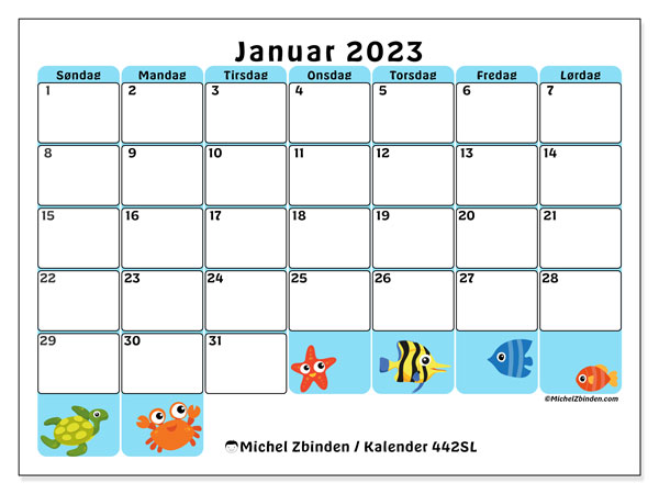 Kalender 442SL, januar 2023, til udskrivning, gratis. Gratis dagbog til udskrift
