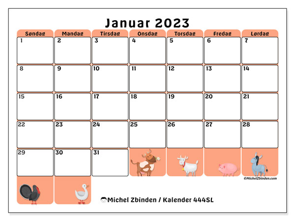 Kalender til udskrivning, januar 2023, 444SL
