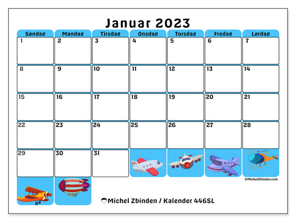 Kalender 446SL, januar 2023, til udskrivning, gratis. Gratis tidsplan til udskrift