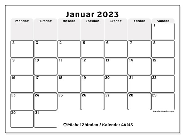 Kalender 44MS, januar 2023, til udskrivning, gratis. Gratis dagbog til udskrift