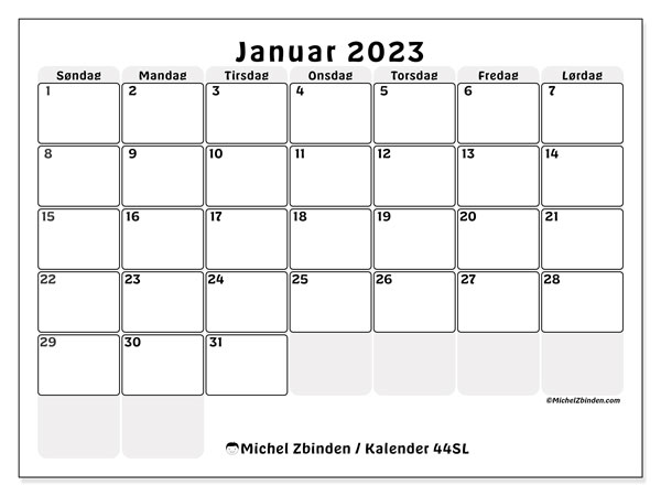 Kalender til udskrivning, januar 2023, 44SL