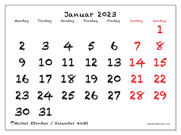 Kalender 46MS, januar 2023, til udskrivning, gratis. Gratis dagbog til udskrift