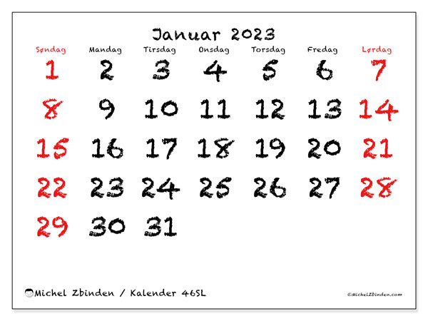 Kalender 46SL, januar 2023, til udskrivning, gratis. Gratis skema til udskrift