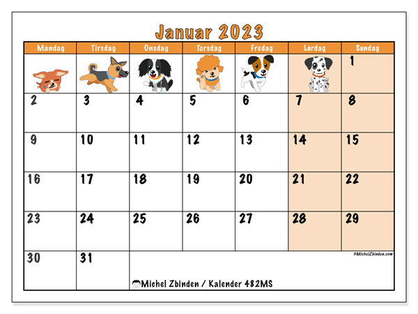 Kalender 482MS, januar 2023, til udskrivning, gratis. Gratis skema til udskrift
