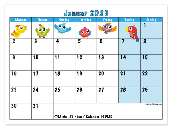 Kalender til udskrivning, januar 2023, 483MS