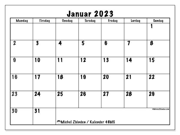 Kalender 48MS, januar 2023, til udskrivning, gratis. Gratis skema til udskrift