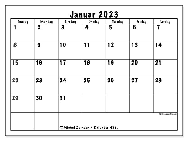Kalender til udskrivning, januar 2023, 48SL