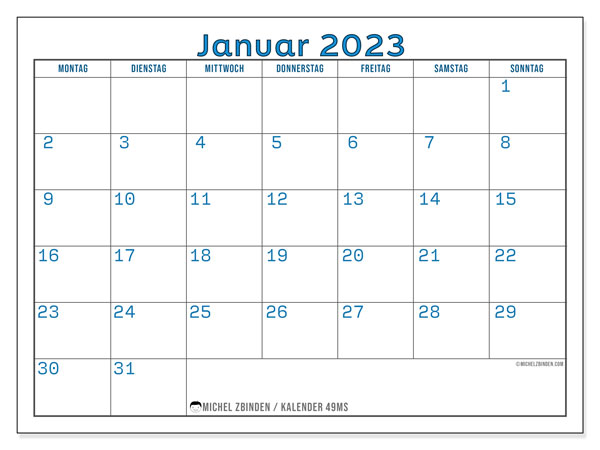 Kalender 49MS, januar 2023, til udskrivning, gratis. Gratis dagbog til udskrivning