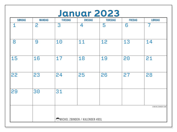 Kalender til udskrivning, januar 2023, 49SL