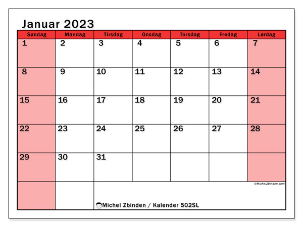 Kalender 502SL, januar 2023, til udskrivning, gratis. Gratis skema til udskrivning