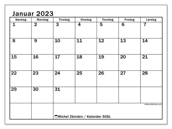 Kalender 50SL, januar 2023, til udskrivning, gratis. Gratis skema til udskrift