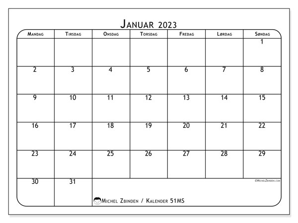 Kalender til udskrivning, januar 2023, 51MS