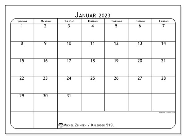 Kalender 51SL, januar 2023, til udskrivning, gratis. Gratis skema til udskrivning