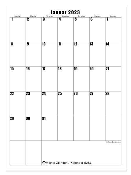 Kalender 52SL, januar 2023, til udskrivning, gratis. Gratis skema til udskrivning