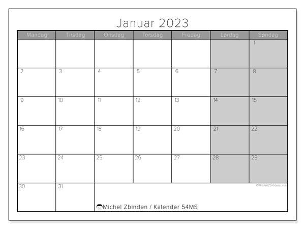 Kalender 54MS, januar 2023, til udskrivning, gratis. Gratis udskrivbar skema