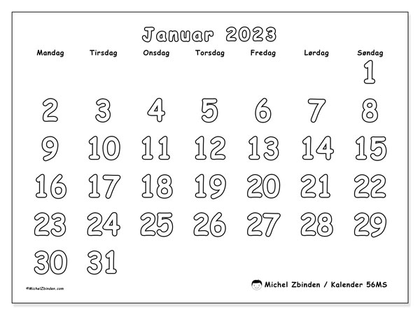 Kalender til udskrivning, januar 2023, 56MS
