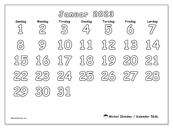 Kalender 56SL, januar 2023, til udskrivning, gratis. Gratis planlægning til udskrivning