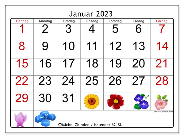 Kalender til udskrivning, januar 2023, 621SL