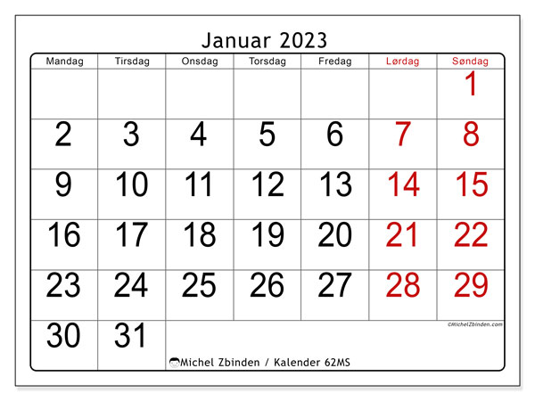 Kalender 62MS, januar 2023, til udskrivning, gratis. Gratis udskrivbar skema
