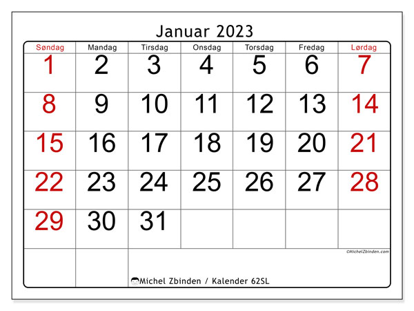 Kalender til udskrivning, januar 2023, 62SL