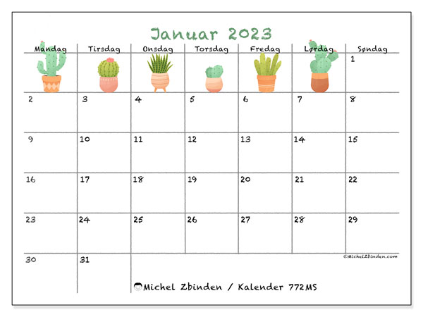 Kalender til udskrivning, januar 2023, 772MS