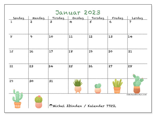 Kalender til udskrivning, januar 2023, 772SL