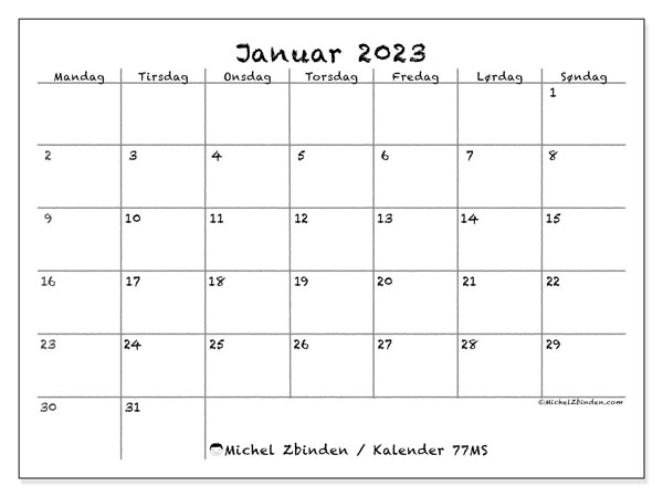 Kalender til udskrivning, januar 2023, 77MS