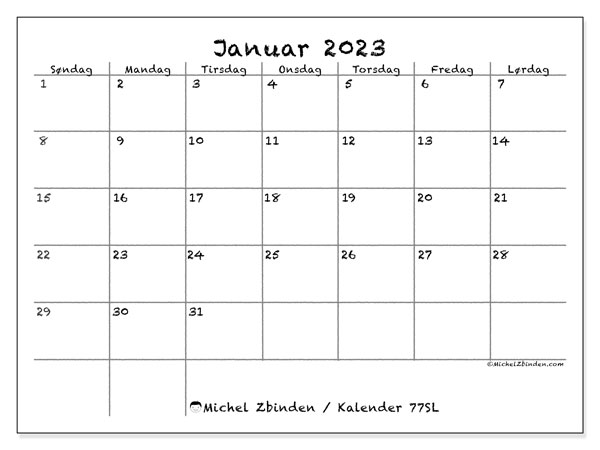 Kalender 77SL, januar 2023, til udskrivning, gratis. Gratis udskrivbar dagbog