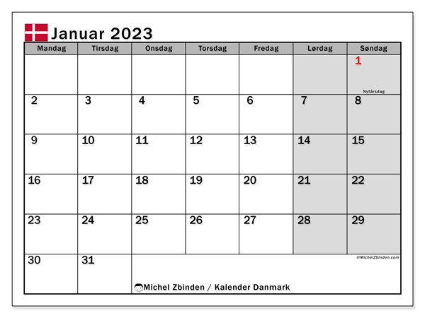 Danmark, kalender januar 2023, til gratis udskrivning.