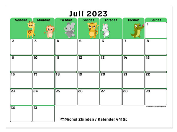 Kalender til udskrivning, juli 2023, 441SL