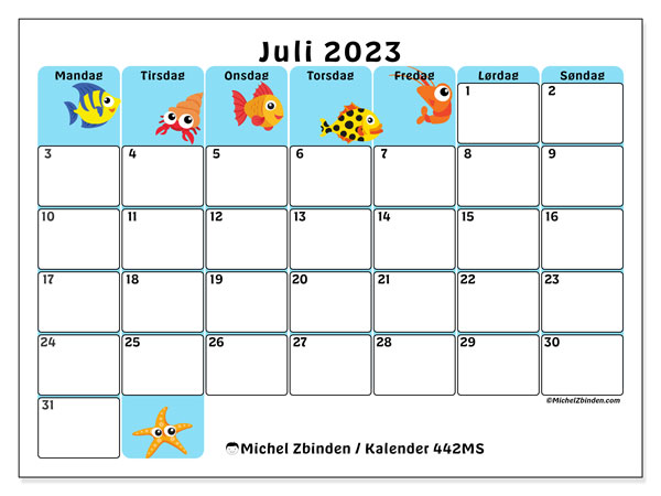 Kalender juli 2023, 442MS. Gratis kalender til print.