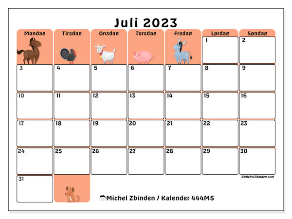 Kalender til udskrivning, juli 2023, 444MS
