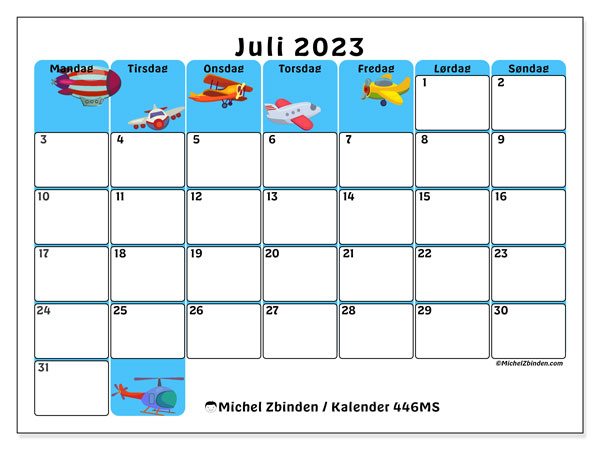 Kalender juli 2023 “446”. Gratis kalender til print.. Mandag til søndag
