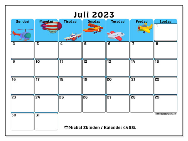 Kalender juli 2023 “446”. Gratis kalender til print.. Søndag til lørdag