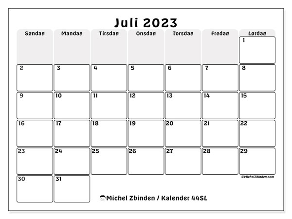 Kalender juli 2023 “44”. Gratis program til print.. Søndag til lørdag