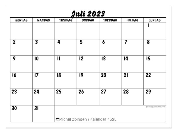 Kalender juli 2023, 45SL. Gratis kalender til print.
