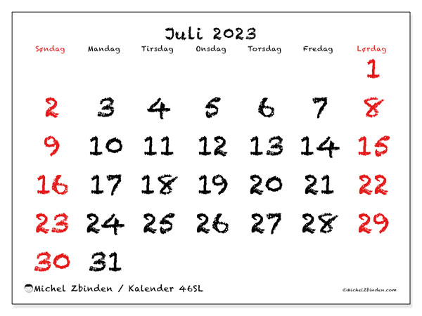 Kalender juli 2023, 46SL. Gratis kalender til print.